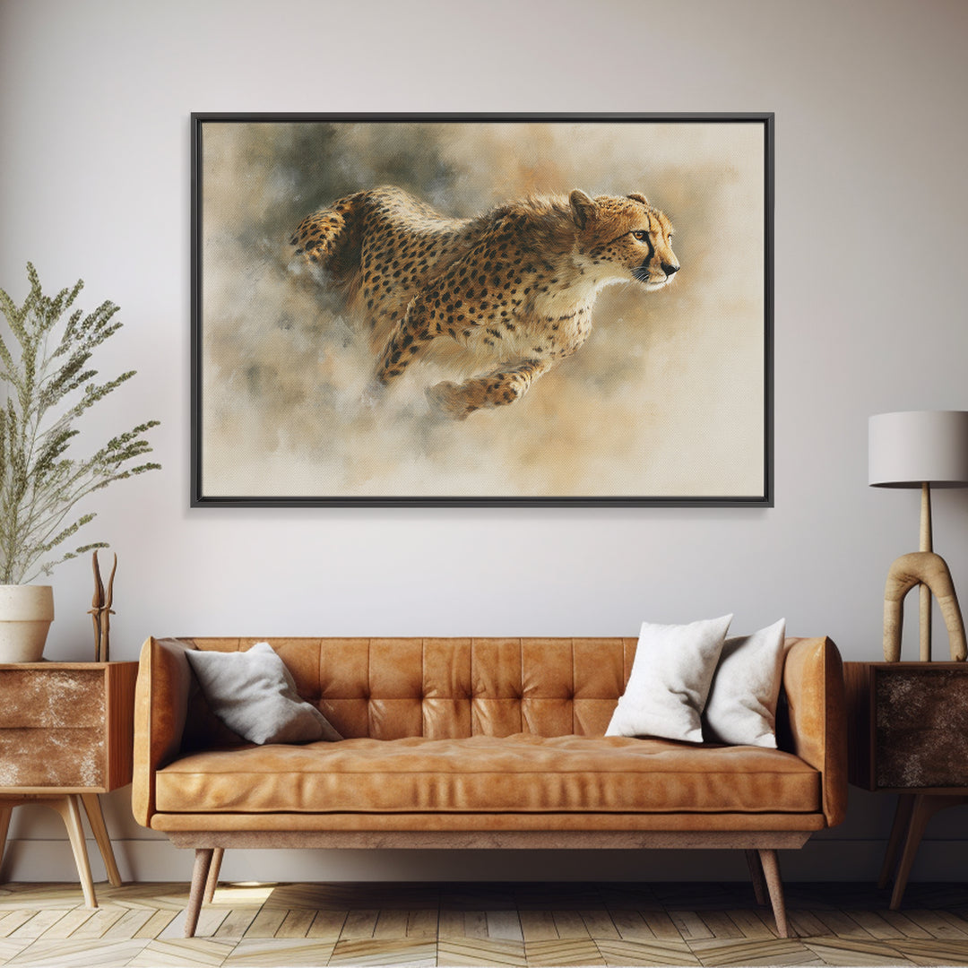 Cheetah Running Through Warm Dust Canvas Print, Wildlife Art, Modern Wall Art, Living Room Decor, Fine Art, Wild, Bird Wall Art, WIL-3x2-1
