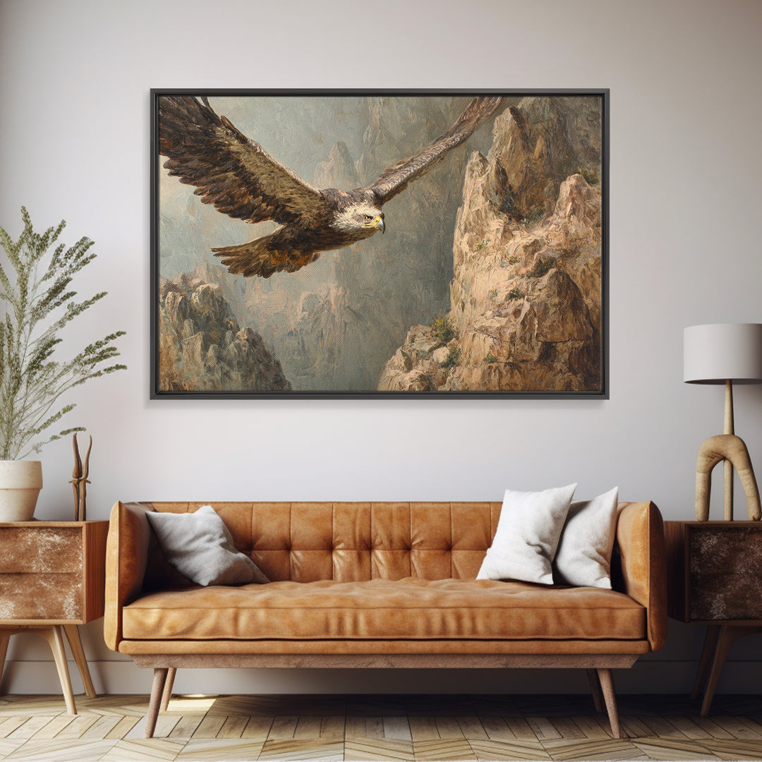 Eagle Soaring Above Rocky Cliffs Framed Canvas Print, Wildlife Art, Wall Art Print, Living Room Decor, Fine Art, Wild, WIL-3x2-10