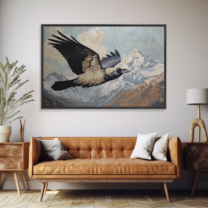 Raven Flying Through Snowy Mountains Framed Canvas Print, Wildlife Art, Fine Art Print, Living Room Decor, Fine Art, Wild, WIL-3x2-100