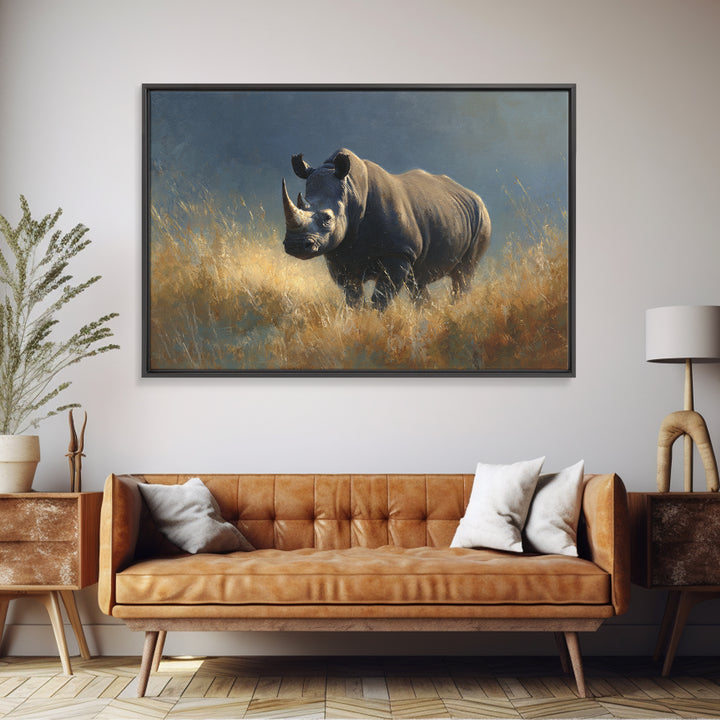 Rhino in Dramatic Stormy Light Canvas Print, Wildlife Art, Modern Wall Art, Living Room Decor, Fine Art, Wild, Bird Wall Art, WIL-3x2-12