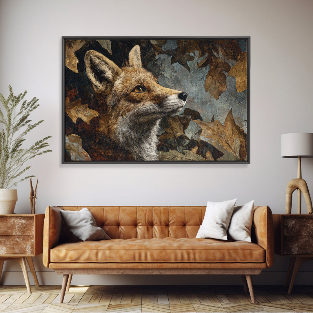 Fox in Autumn Forest Leaves Framed Canvas Print, Wildlife Art, Canvas Print, Living Room Decor, Fine Art, Wild, Forest Wall Art, WIL-3x2-13