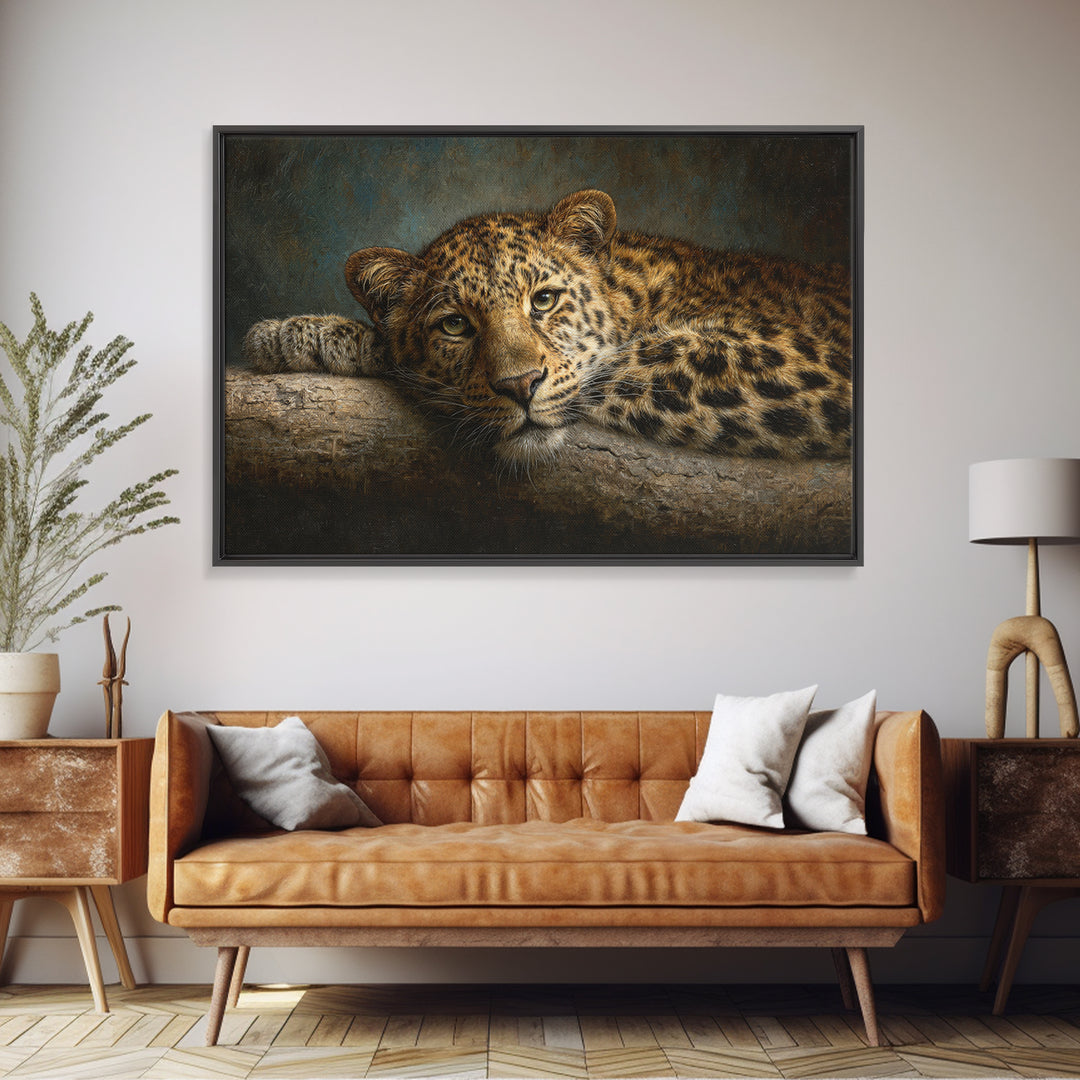 Leopard Resting on Tree Branch Framed Canvas Print, Wildlife Art, Large Wall Art, Living Room Decor, Watercolor Art, Wild, WIL-3x2-18