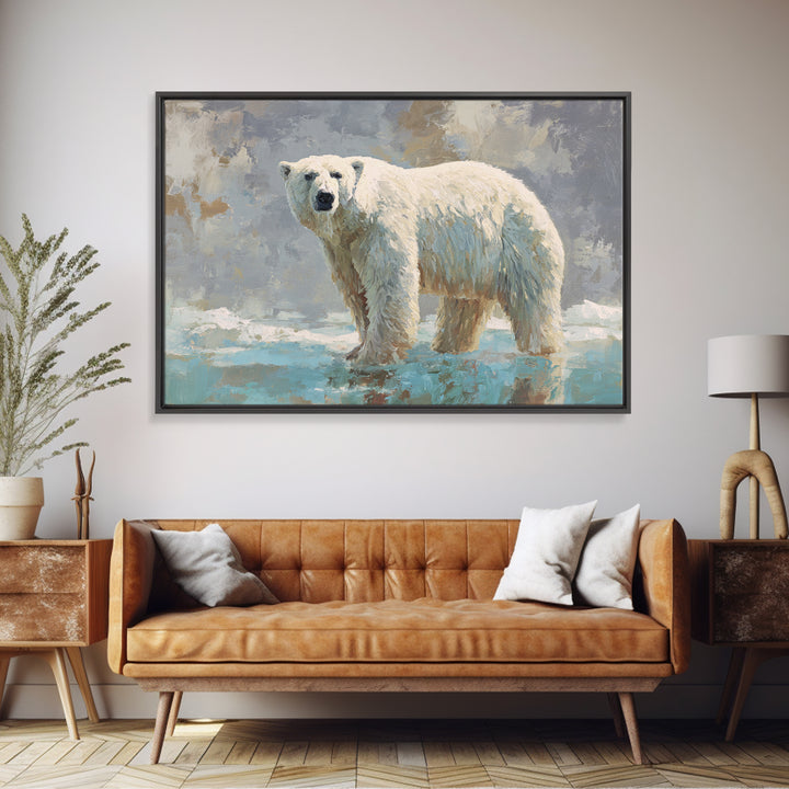 Polar Bear Crossing Blue Ice Framed Canvas Print, Wildlife Art, Living Room Art, Living Room Decor, Fine Art, Wild, Boho Decor, WIL-3x2-19