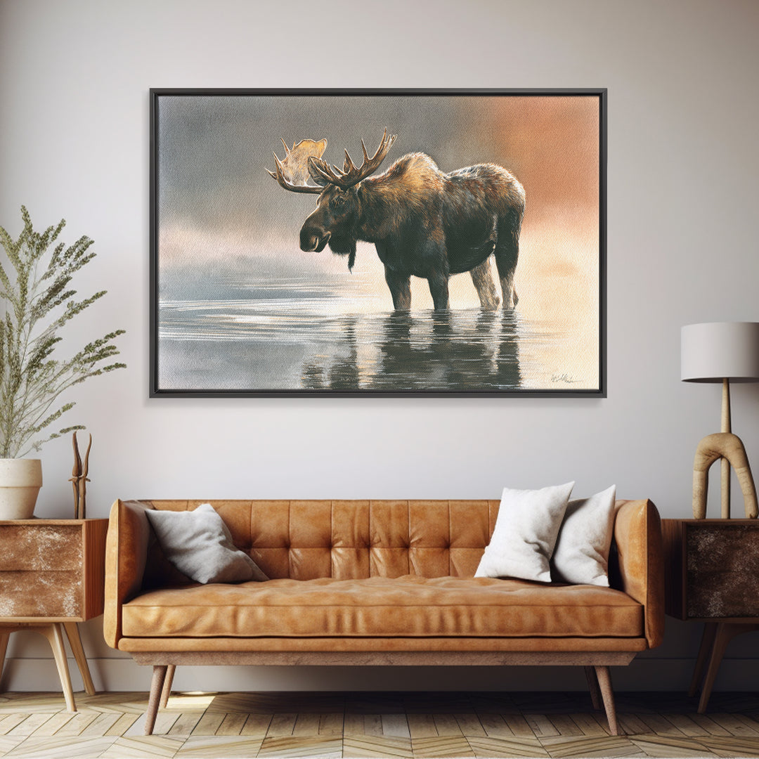 Moose Standing in Reflective Lake Framed Canvas Print, Wildlife Art, Living Room Wall Art, Living Room Decor, Oil Painting, WIL-3x2-23