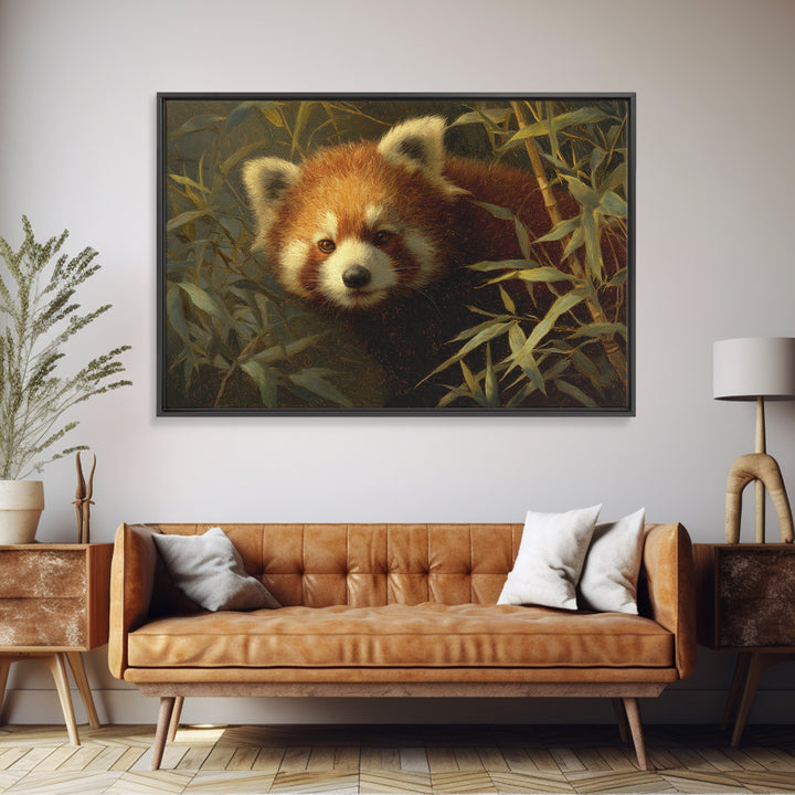 Red Panda Among Bamboo Leaves Framed Canvas Print, Wildlife Art, Canvas Print, Living Room Decor, Wild, Forest Wall Art, WIL-3x2-24