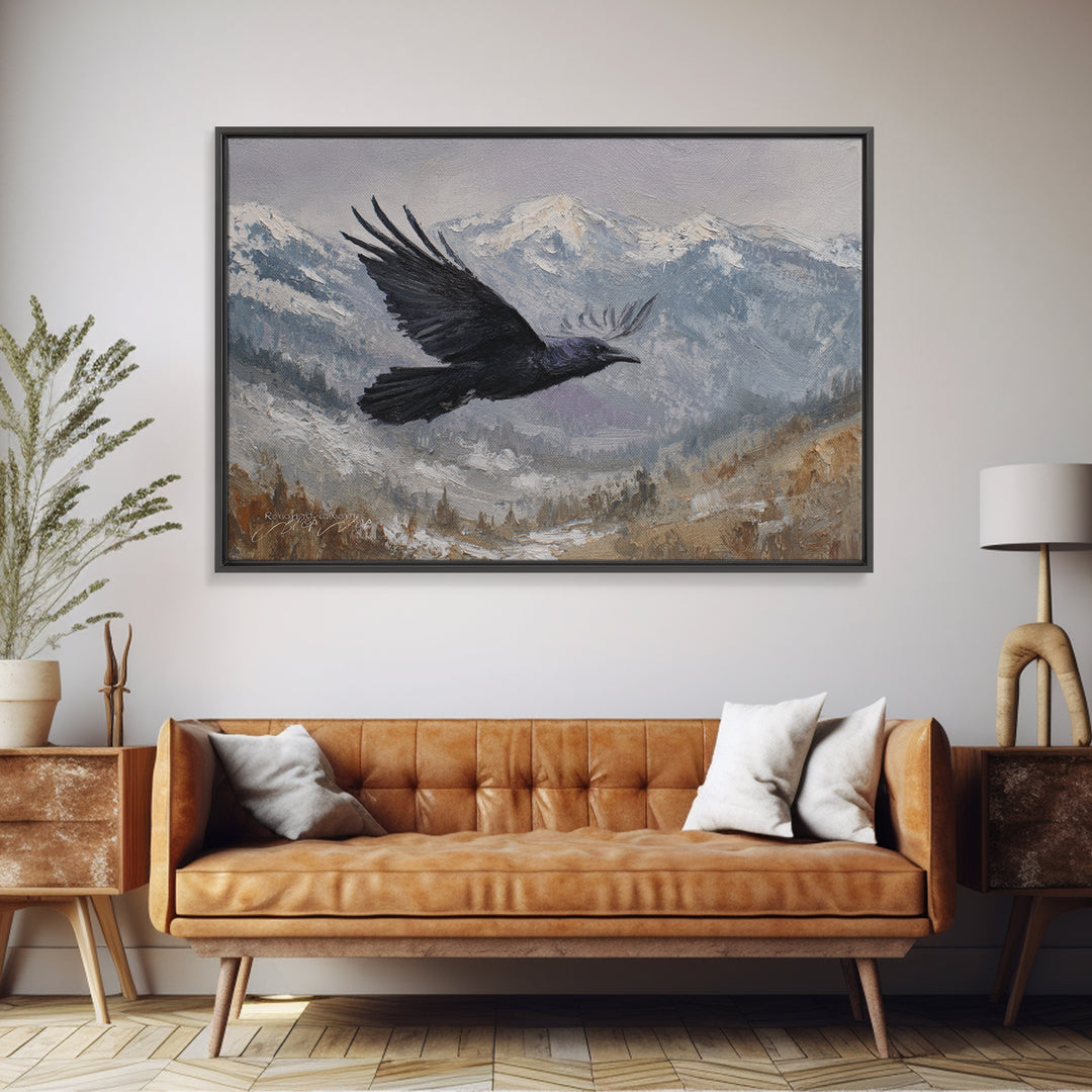 Raven Flying Through Snowy Mountains Framed Canvas Print, Wildlife Art, Living Room Decor, Watercolor Art, Wild, WIL-3x2-28