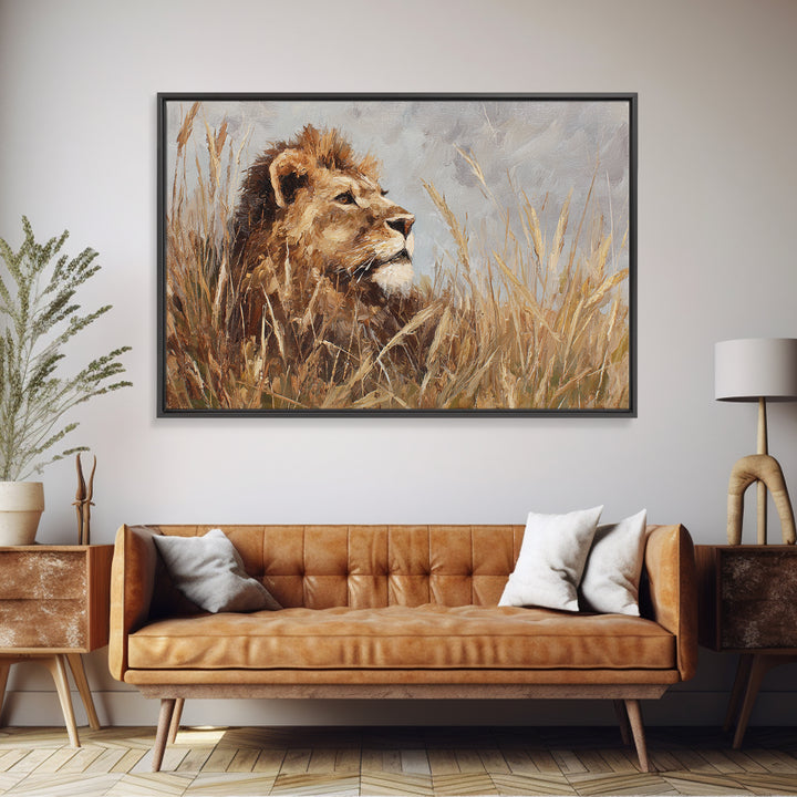 Lion Emerging from Golden Savanna Grass Canvas Print, Wildlife Art, Bird Wall Art, Living Room Decor, Fine Art, Wild, WIL-3x2-29