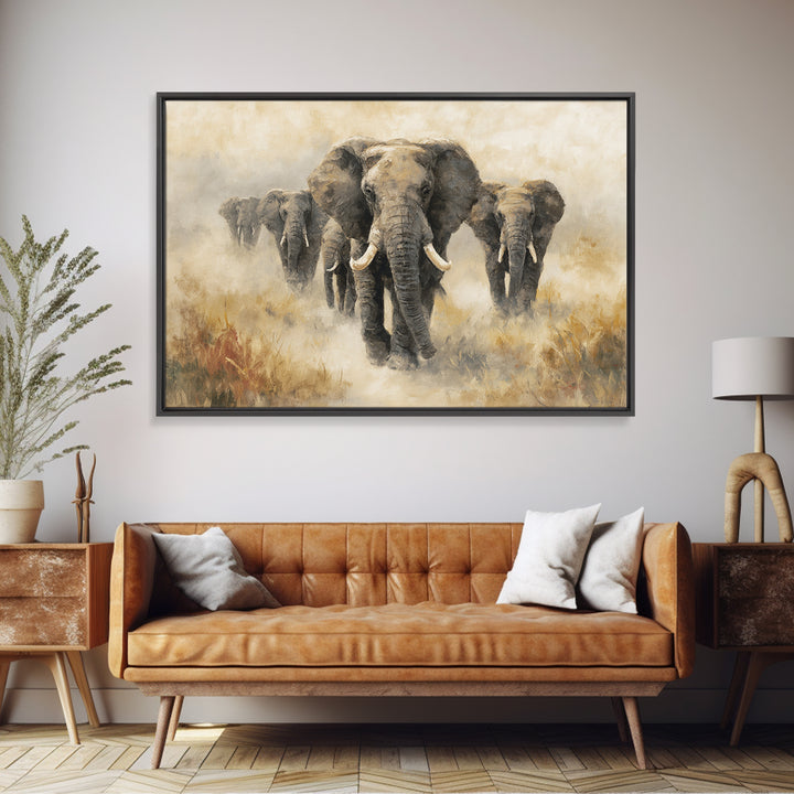 Elephant Herd Walking Through Dusty Sunset Canvas Print, Wildlife Art, Living Room Wall Art, Living Room Decor, Fine Art, Wild, WIL-3x2-30