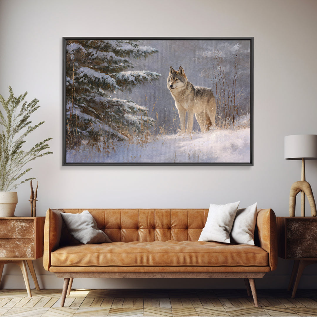 Wolf Standing Beneath Snowy Pine Trees Framed Canvas Print, Wildlife Art, Canvas Painting, Living Room Decor, Fine Art, Wild, WIL-3x2-31