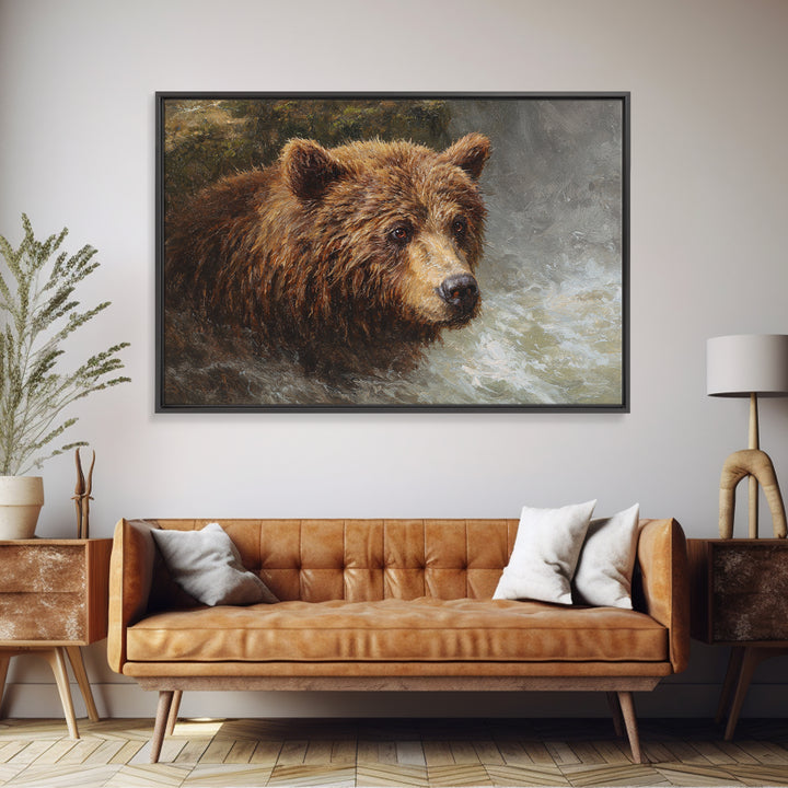 Bear Fishing in Rushing Mountain River Canvas Print, Wildlife Art, Bird Art, Living Room Decor, Oil Painting, Wild, WIL-3x2-32