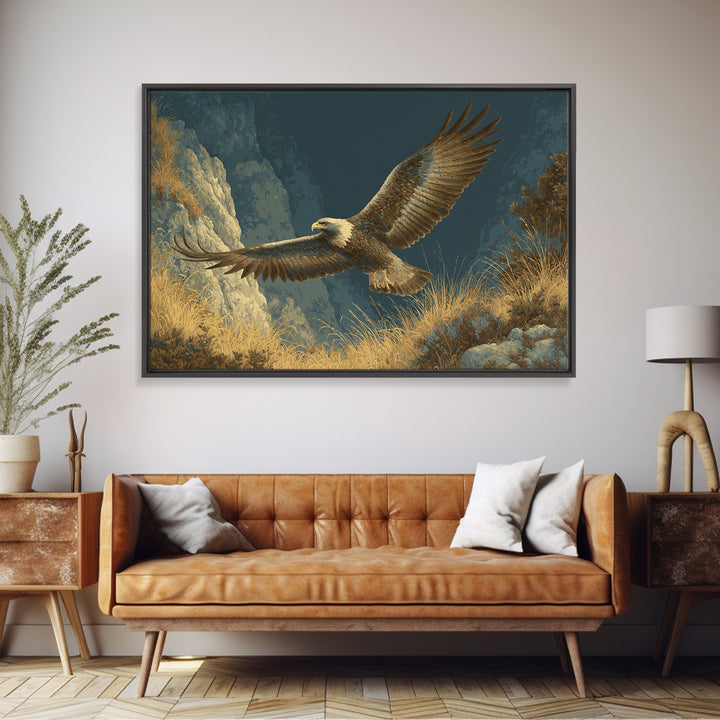 Eagle Soaring Above Rocky Cliffs Canvas Print, Wildlife Art, Bird Art, Living Room Decor, Watercolor Art, Wild, WIL-3x2-34