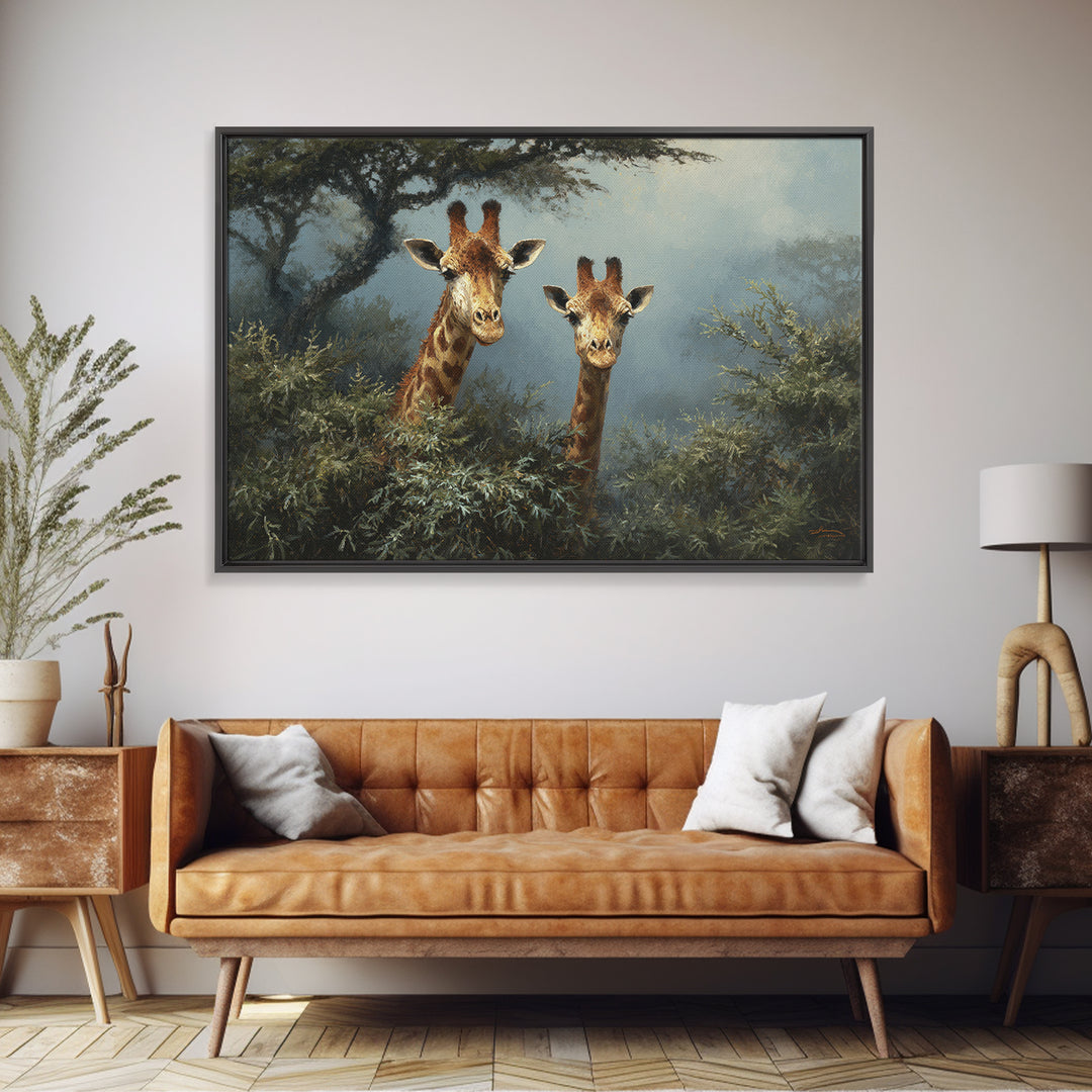 Giraffe Pair under Acacia Tree Framed Canvas Print, Wildlife Art, Rustic Home Decor, Living Room Decor, Fine Art, Wild, WIL-3x2-35