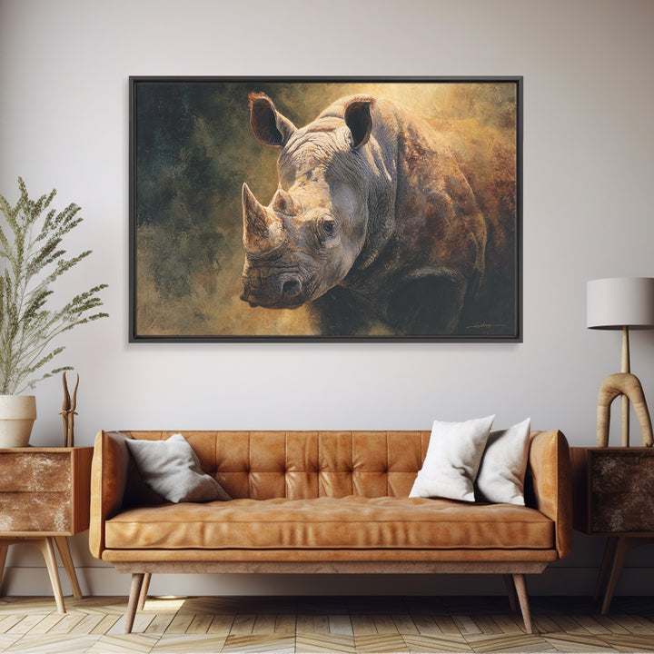 Rhino in Dramatic Stormy Light Framed Canvas Print, Wildlife Art, Bedroom Wall Art, Living Room Decor, Fine Art, Wild, WIL-3x2-36