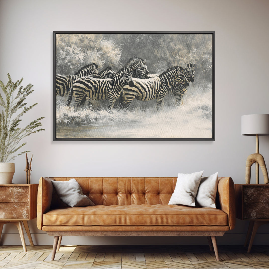 Zebra Herd in Graphic Black and White Framed Canvas Print, Wildlife Art, Neutral Decor, Living Room Decor, Fine Art, Wild, WIL-3x2-39