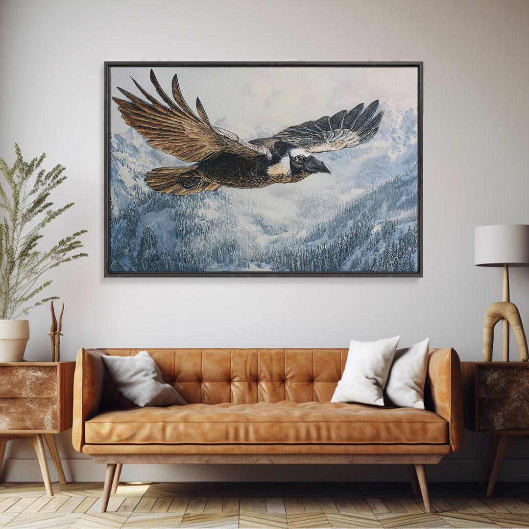 Raven Flying Through Snowy Mountains Canvas Print, Wildlife Art, Wall Hangings, Living Room Decor, Fine Art, Wild, Bird Art, WIL-3x2-4