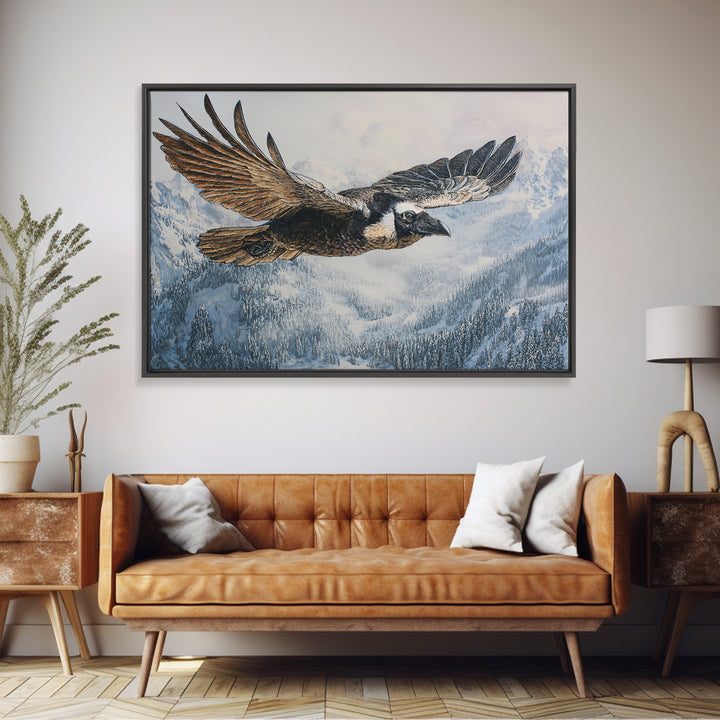 Raven Flying Through Snowy Mountains Canvas Print, Wildlife Art, Wall Hangings, Living Room Decor, Fine Art, Wild, Bird Art, WIL-3x2-4