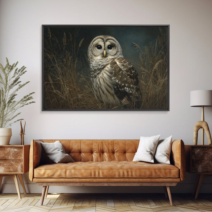 Owl Perched in Moonlit Woodland Framed Canvas Print, Wildlife Art, Modern Art, Living Room Decor, Oil Painting, Wild, WIL-3x2-40