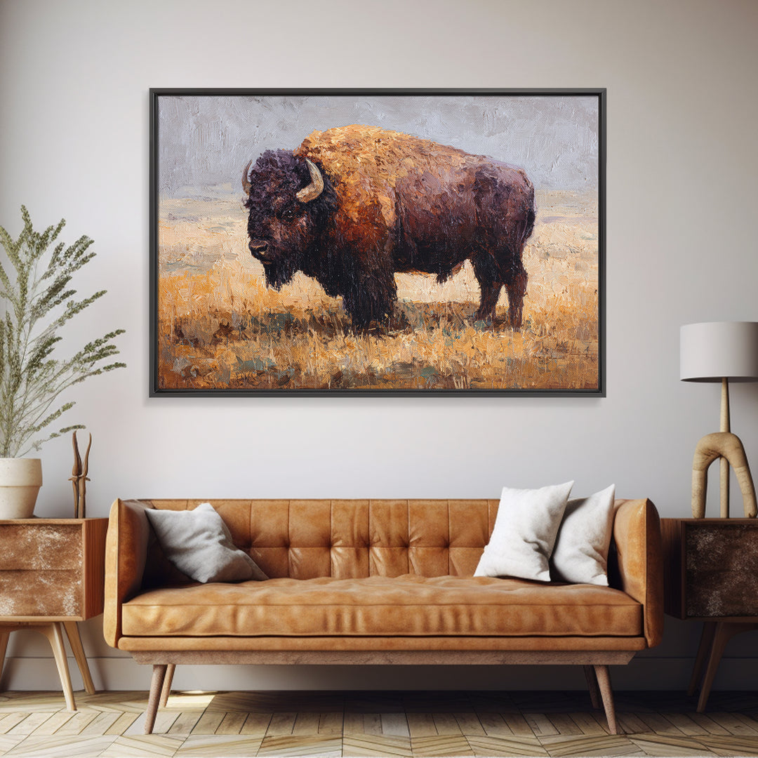 Bison on Wide Western Prairie Framed Canvas Print, Wildlife Art, Digital Download Art, Living Room Decor, Watercolor Art, Wild, WIL-3x2-41