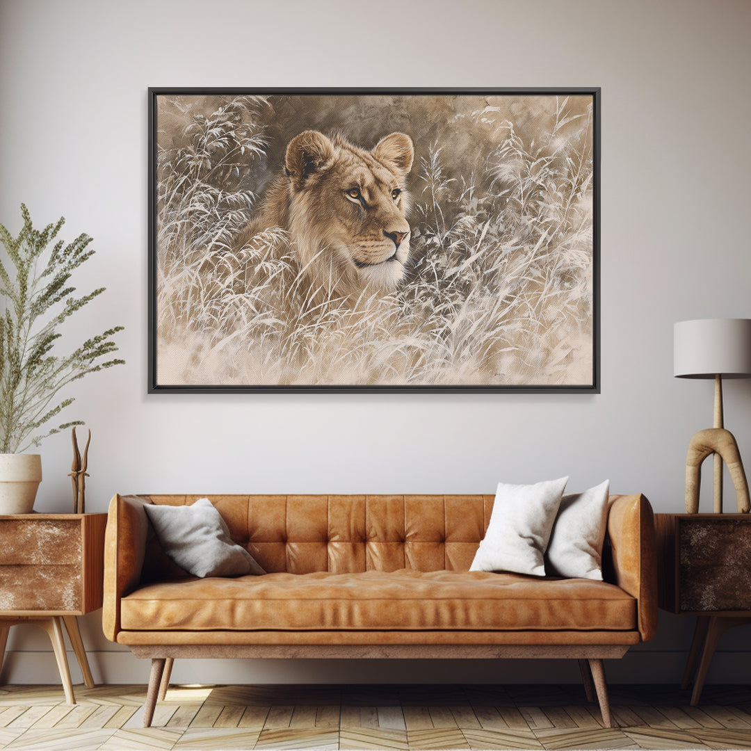 Lion Emerging from Golden Savanna Grass Framed Canvas Print, Wildlife Art, Modern Art, Living Room Decor, Fine Art, Wild, WIL-3x2-5