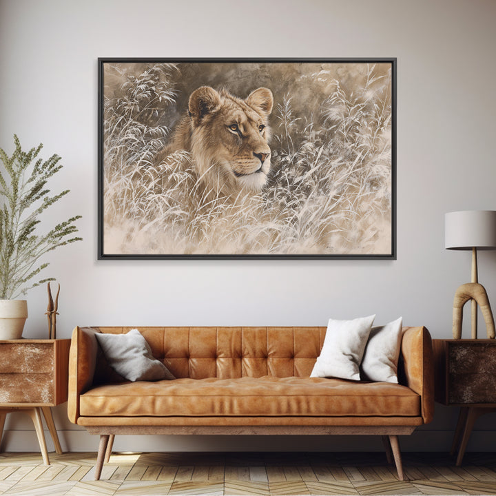 Lion Emerging from Golden Savanna Grass Framed Canvas Print, Wildlife Art, Modern Art, Living Room Decor, Fine Art, Wild, WIL-3x2-5