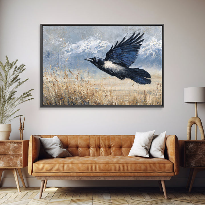 Raven Flying Through Snowy Mountains Canvas Print, Wildlife Art, Living Room Wall Art, Living Room Decor, Fine Art, Wild, WIL-3x2-52