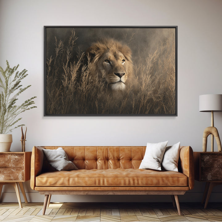 Lion Emerging from Golden Savanna Grass Canvas Print, Wildlife Art, Bird Wall Art, Living Room Decor, Fine Art, Wild, WIL-3x2-53
