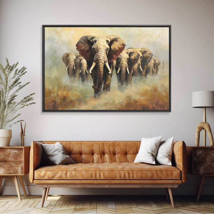 Elephant Herd Walking Through Dusty Sunset Canvas Print, Wildlife Art, Living Room Wall Art, Living Room Decor, Fine Art, Wild, WIL-3x2-54