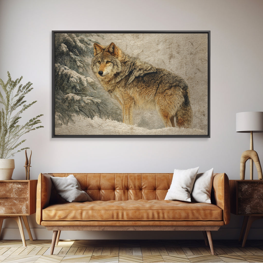 Wolf Standing Beneath Snowy Pine Trees Framed Canvas Print, Wildlife Art, Wall Decor, Living Room Decor, Oil Painting, Wild, WIL-3x2-55