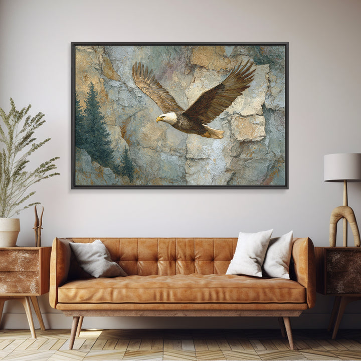 Eagle Soaring Above Rocky Cliffs Canvas Print, Wildlife Art, Bird Art, Living Room Decor, Watercolor Art, Wild, WIL-3x2-58