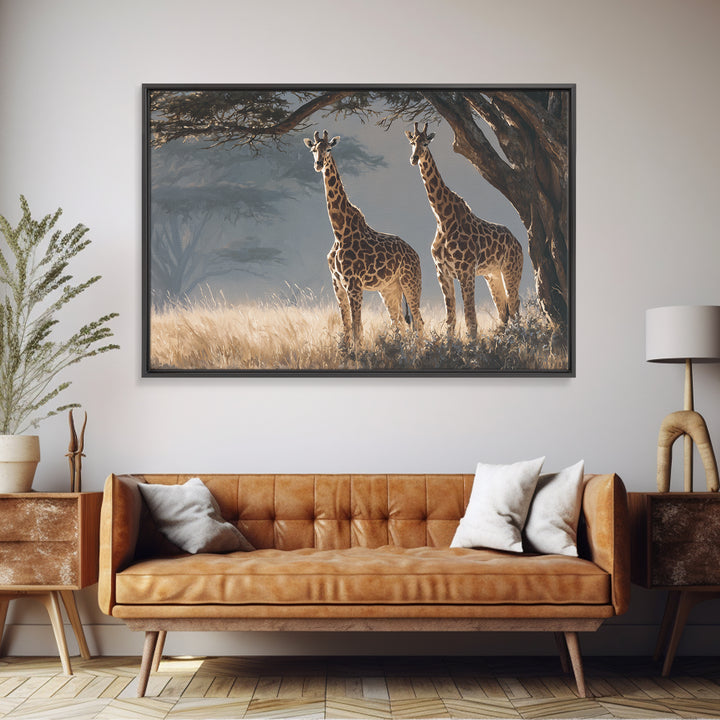 Giraffe Pair under Acacia Tree Framed Canvas Print, Wildlife Art, Living Room Decor, Oil Painting, Wild, Digital Wall Art, WIL-3x2-59