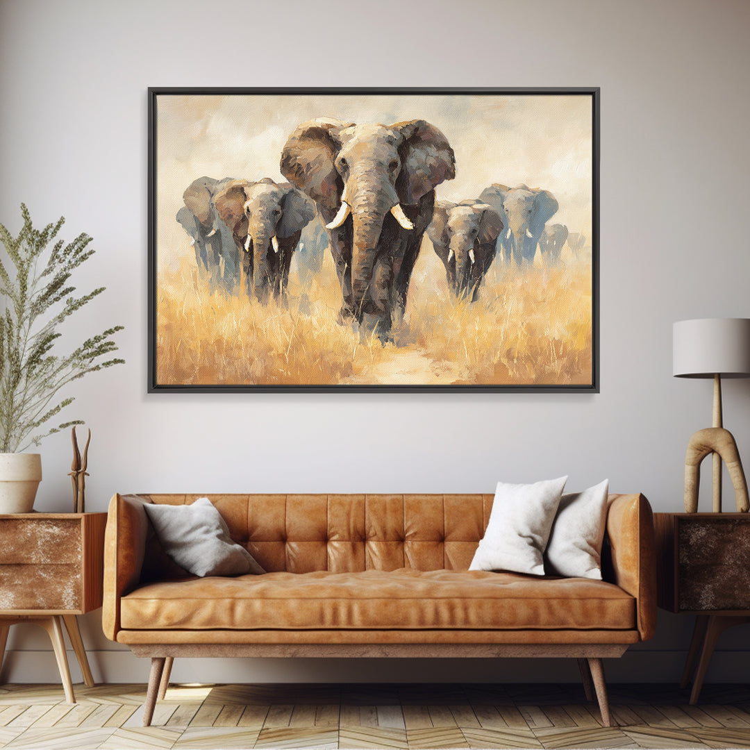 Elephant Herd Walking Through Dusty Sunset Framed Canvas Print, Wildlife Art, Living Room Decor, Wild, Living Room Art, WIL-3x2-6