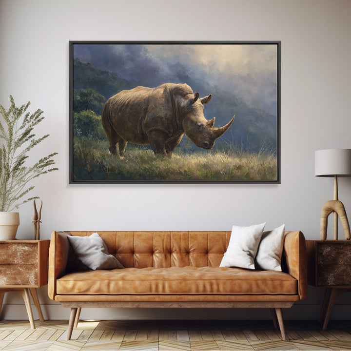 Rhino in Dramatic Stormy Light Framed Canvas Print, Wildlife Art, Original Artwork, Living Room Decor, Fine Art, Wild, WIL-3x2-60