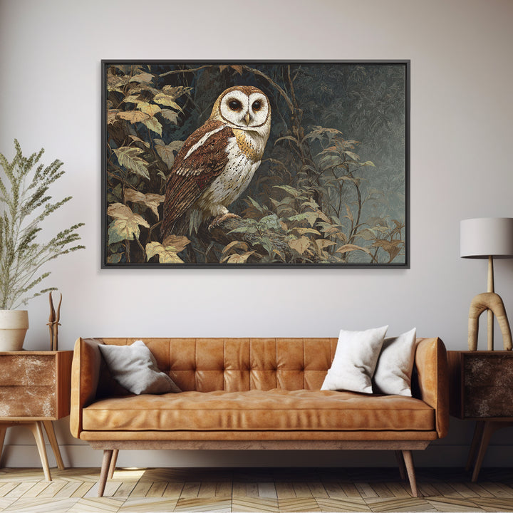 Owl Perched in Moonlit Woodland Framed Canvas Print, Wildlife Art, Gallery Decor, Living Room Decor, Abstract Art, Wild, WIL-3x2-64