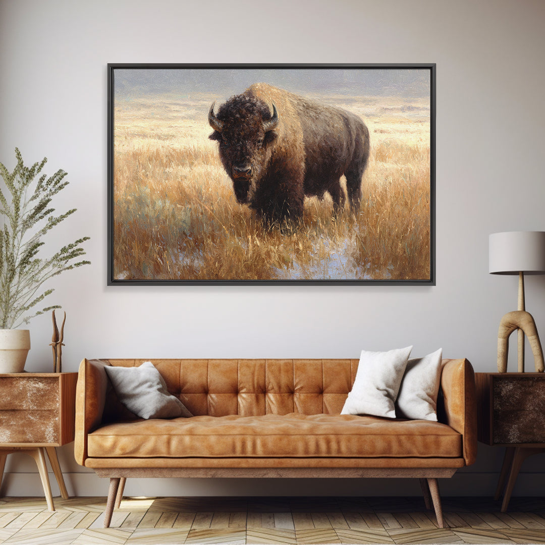 Bison on Wide Western Prairie Framed Canvas Print, Wildlife Art, Digital Download Art, Living Room Decor, Watercolor Art, Wild, WIL-3x2-65