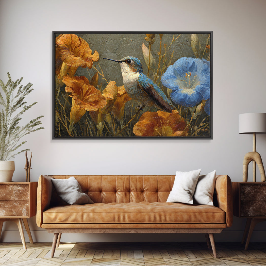 Hummingbird Beside Bright Flowers Canvas Print, Wildlife Art, Neutral Decor, Living Room Decor, Oil Painting, Wild, Wall Art, WIL-3x2-68