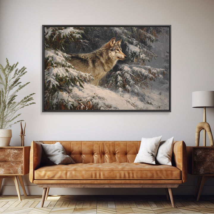 Wolf Standing Beneath Snowy Pine Trees Framed Canvas Print, Wildlife Art, Home Decor, Living Room Decor, Abstract Art, Wild, WIL-3x2-7