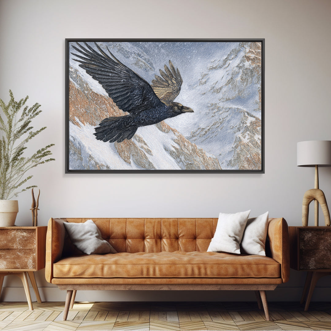 Raven Flying Through Snowy Mountains Canvas Print, Wildlife Art, Forest Wall Art, Living Room Decor, Fine Art, Wild, WIL-3x2-76
