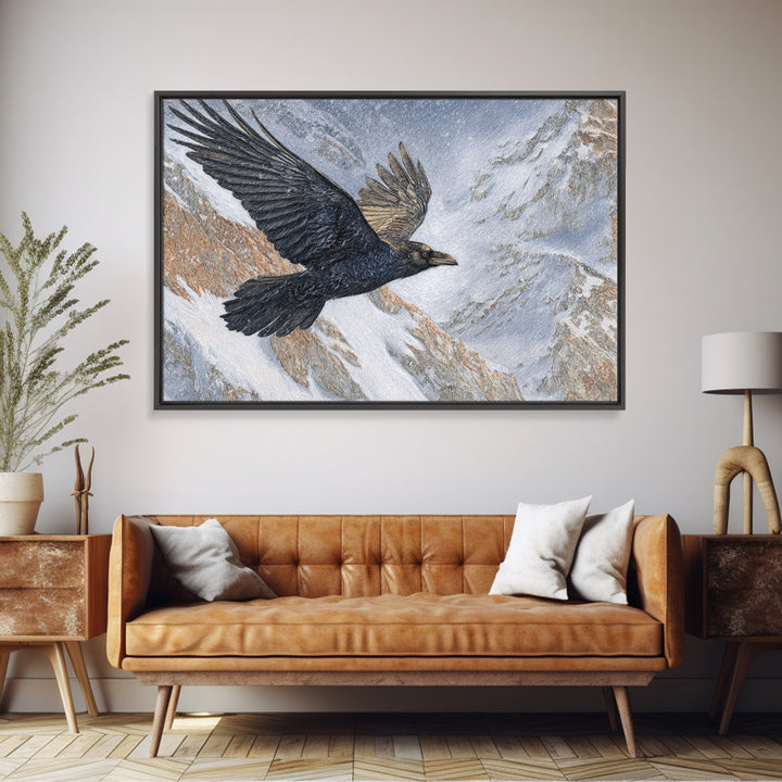 Raven Flying Through Snowy Mountains Canvas Print, Wildlife Art, Forest Wall Art, Living Room Decor, Fine Art, Wild, WIL-3x2-76