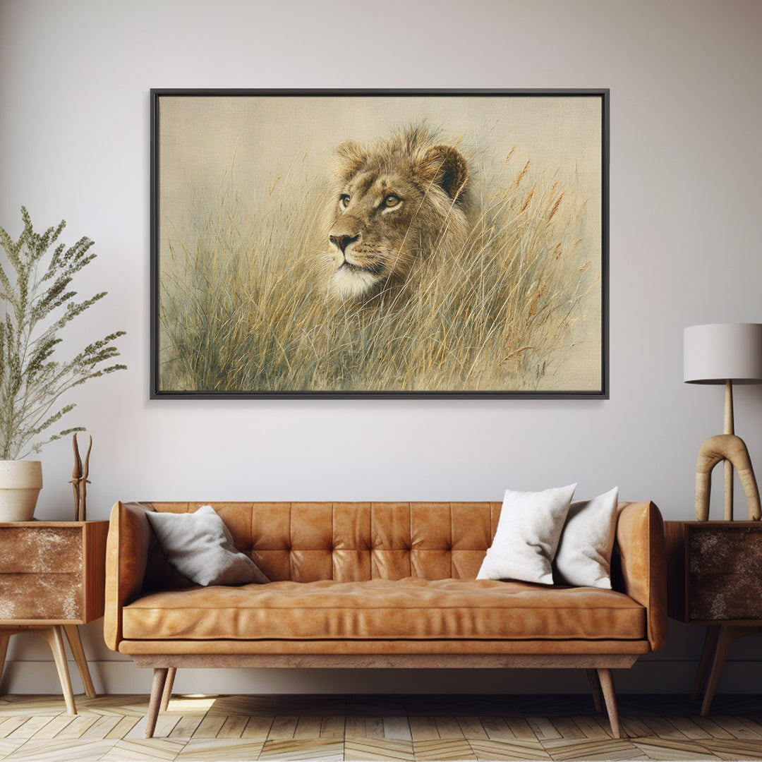 Lion Emerging from Golden Savanna Grass Framed Canvas Print, Wildlife Art, Gallery Decor, Living Room Decor, Fine Art, Wild, WIL-3x2-77