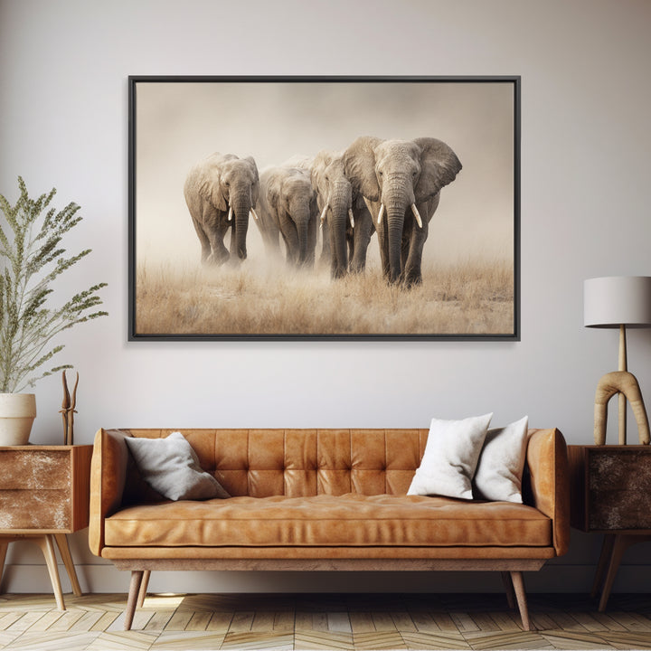 Elephant Herd Walking Through Dusty Sunset Framed Canvas Print, Wildlife Art, Digital Download Art, Living Room Decor, Wild, WIL-3x2-78