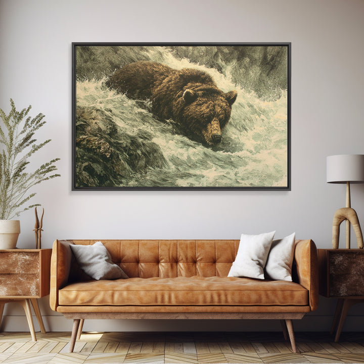 Bear Fishing in Rushing Mountain River Framed Canvas Print, Wildlife Art, Wall Art Print, Living Room Decor, Fine Art, Wild, WIL-3x2-8