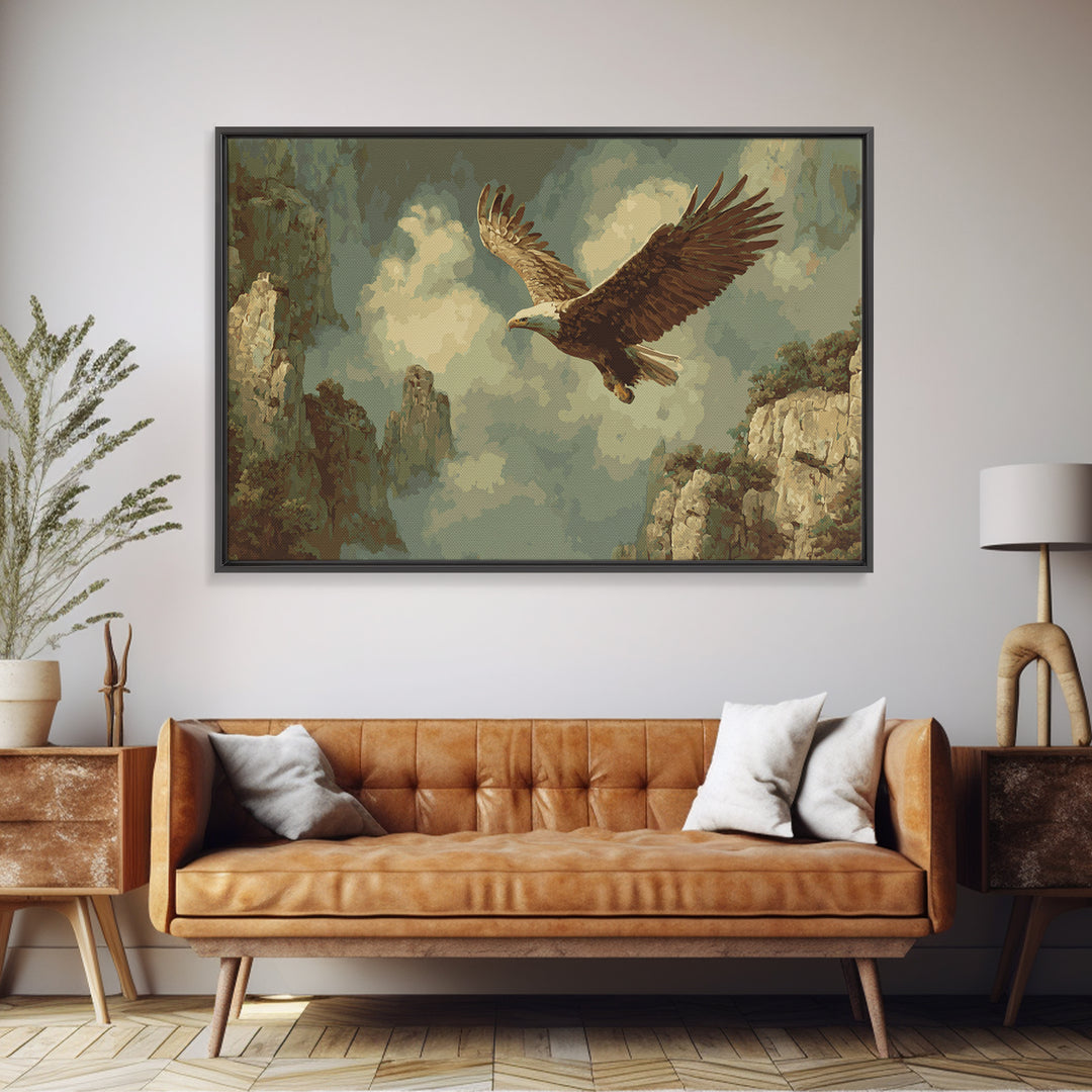 Eagle Soaring Above Rocky Cliffs Framed Canvas Print, Wildlife Art, Living Room Art, Living Room Decor, Oil Painting, Wild, WIL-3x2-82