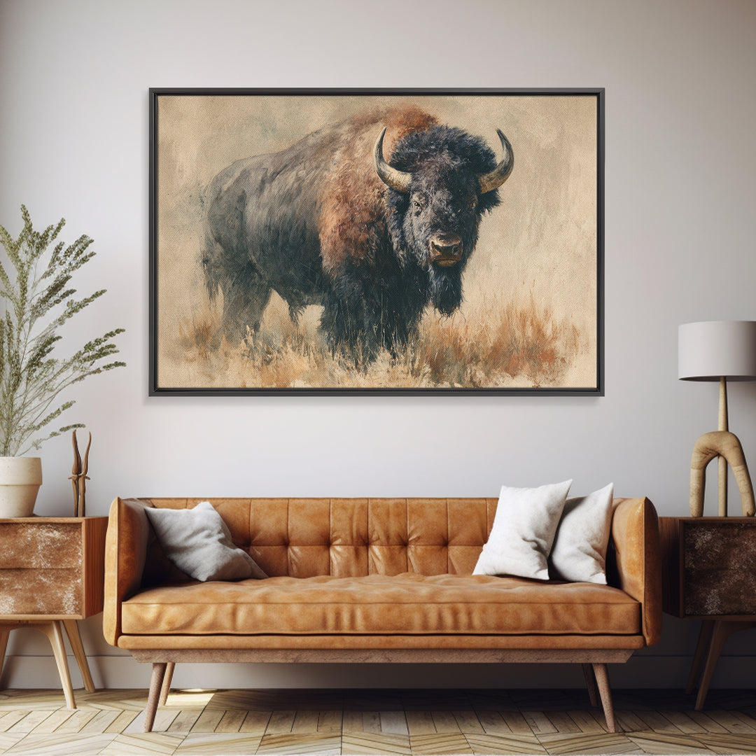 Bison on Wide Western Prairie Canvas Print, Wildlife Art, Forest Wall Art, Living Room Decor, Oil Painting, Wild, WIL-3x2-89