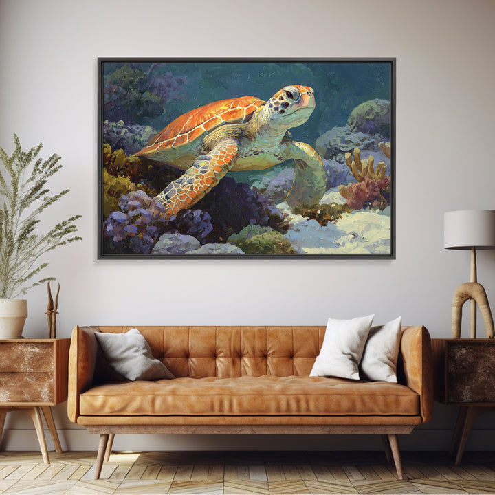 Sea Turtle over Coral Reef Canvas Print, Wildlife Art, Landscape Art, Living Room Decor, Abstract Art, Wild, Modern Decor, WIL-3x2-94