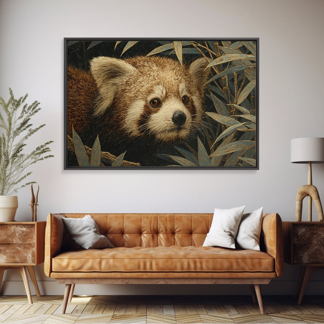 Red Panda Among Bamboo Leaves Framed Canvas Print, Wildlife Art, Art Print, Living Room Decor, Fine Art, Wild, Digital Wall Art, WIL-3x2-96