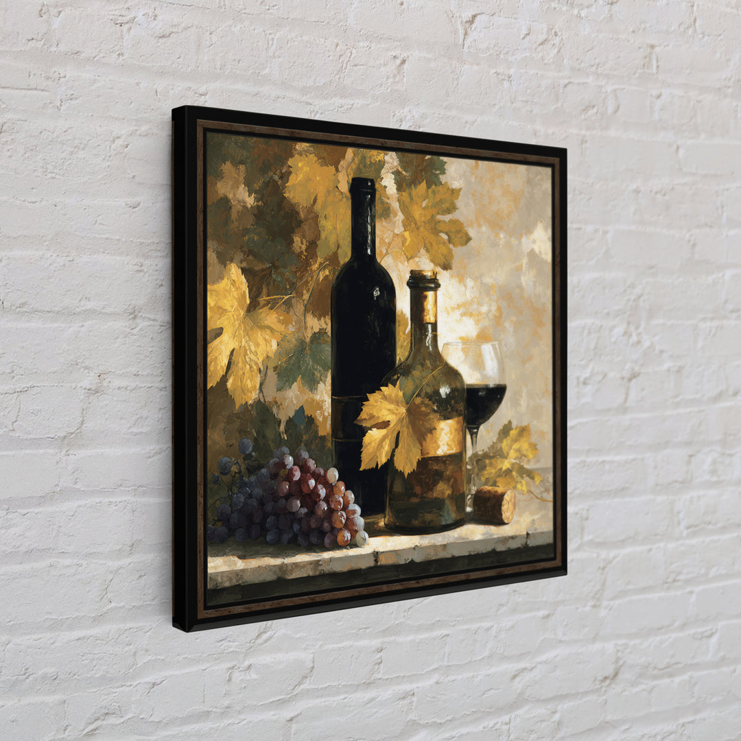 Black and Gold Wine Bottle Silhouette Framed Canvas Print, Winery Art, Kitchen Art, Winery Decor, Watercolor Art, Vineyard, WIN-1x1-16