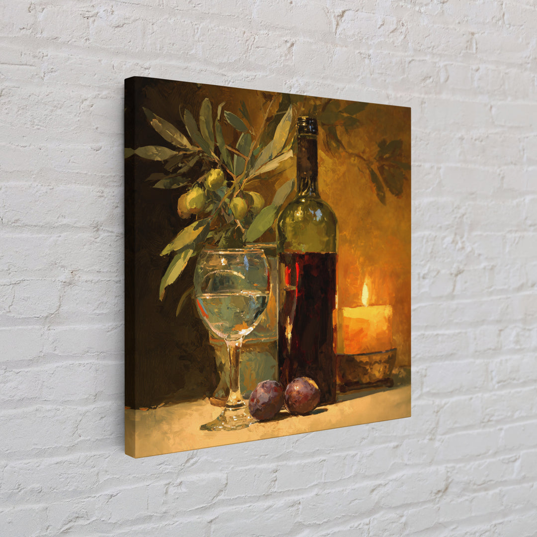 Olive Branch and Wine Glass Mediterranean Still Framed Canvas Print, Winery Art, Winery Decor, Oil Painting, Vineyard, WIN-1x1-48