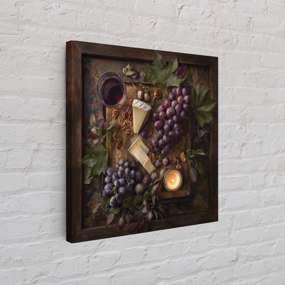 Charcuterie Board with Grapes and Cheese Framed Canvas Print, Winery Art, Boho Decor, Winery Decor, Oil Painting, Vineyard, WIN-1x1-61