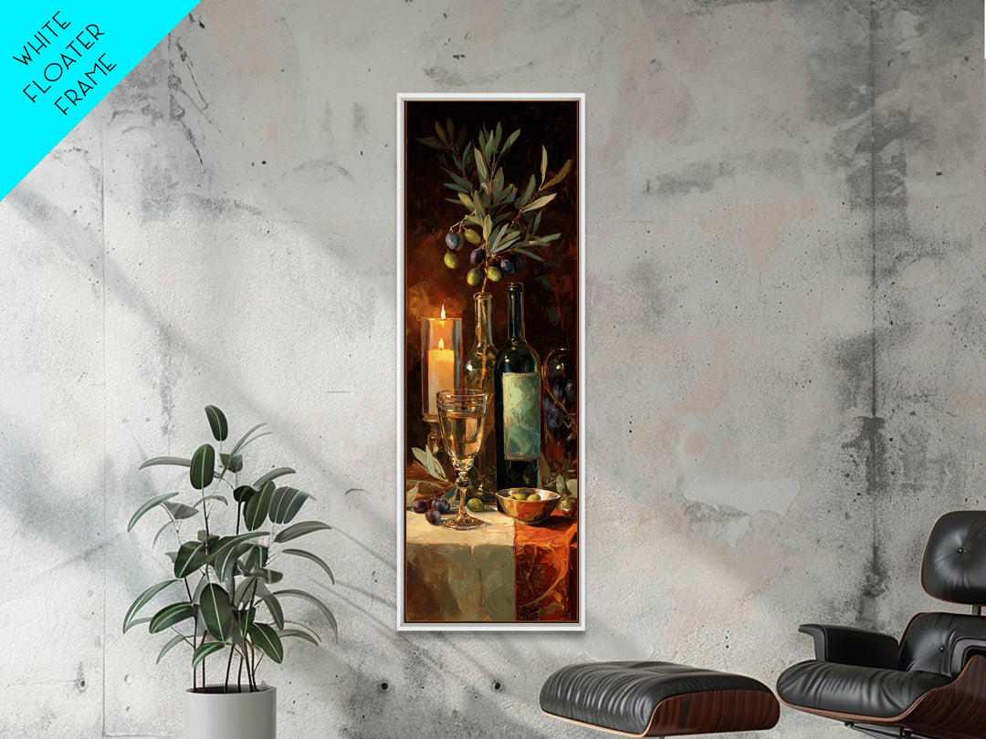 Olive Branch and Wine Glass Mediterranean Still Framed Canvas Print, Winery Art, Print, Winery Decor, Fine Art, Vineyard, WIN-1x3-36