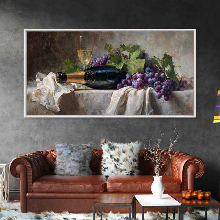 Champagne Grapes and White Linen Still Life Framed Canvas Print, Winery Art, Printable Wall Art, Winery Decor, Vineyard, WIN-2x1-1